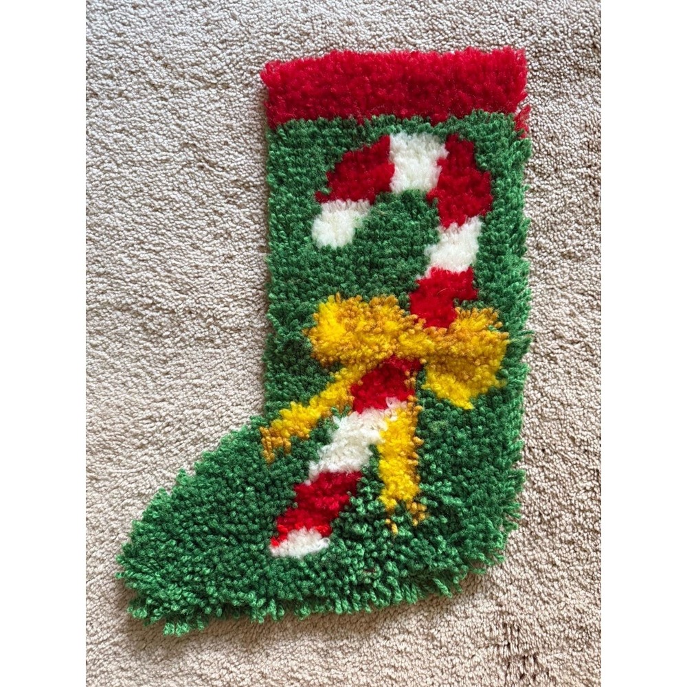 Vintage Lactch And Hook Christmas‎ Stocking Wall Hanging Candy Cane